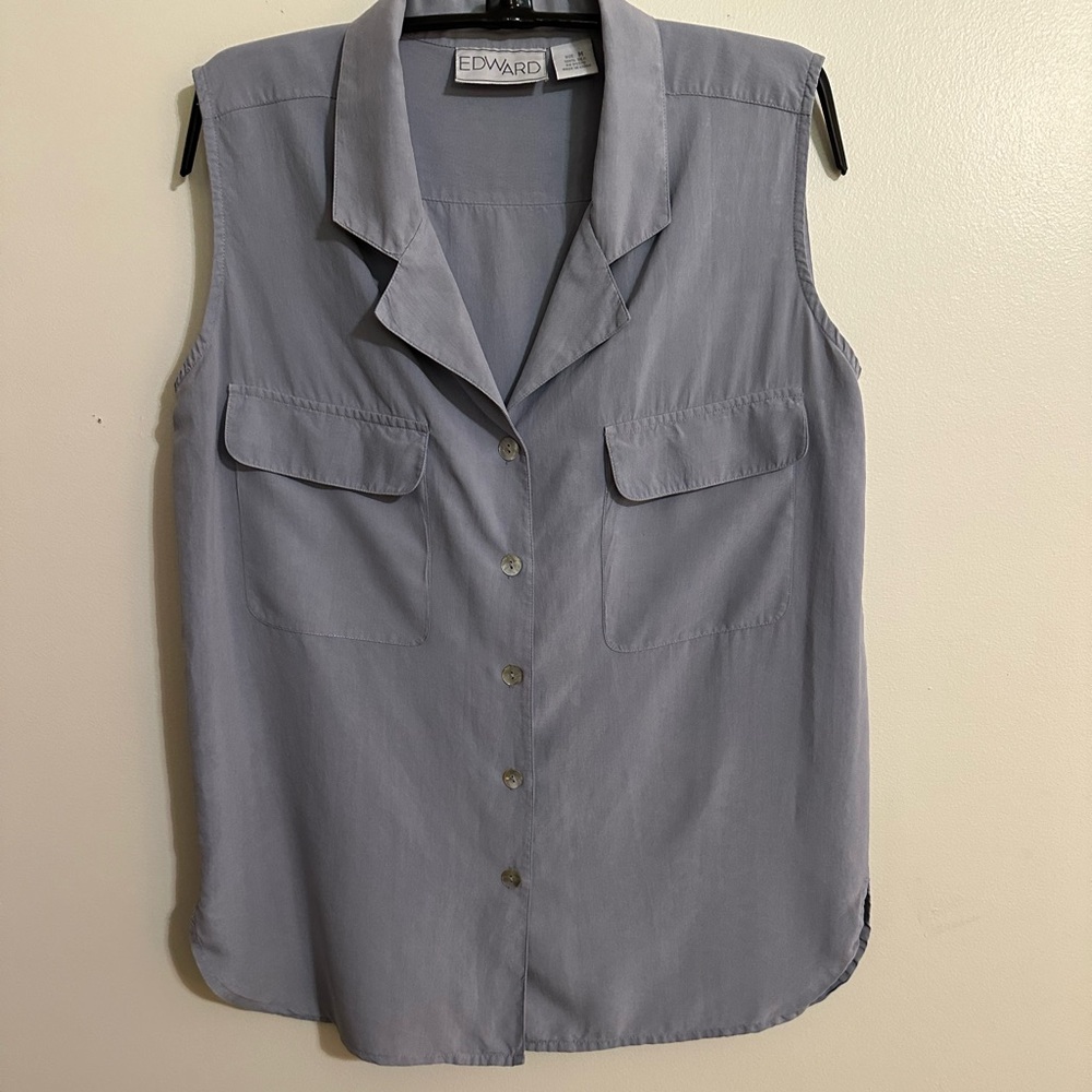 Vintage Edward BlueGray Washable Silk Collared Sleeveless Button Down Top Size M